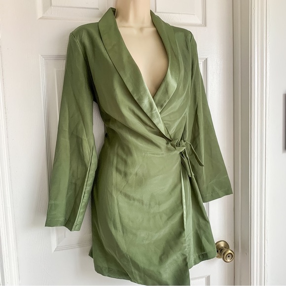 Satin Green Blazer Mini Wrap Dress - Picture 3 of 5